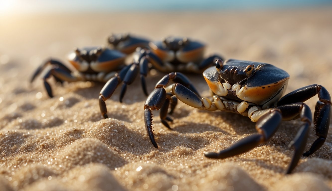 Fiddler crabs scuttle across the sandy shore, their large claws raised high.

The male crabs wave and display their oversized claws, competing for the attention of the females
