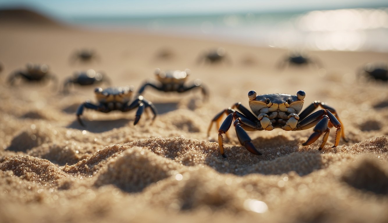 A group of fiddler crabs with large, asymmetrical claws, digging into the sand and waving them in the air