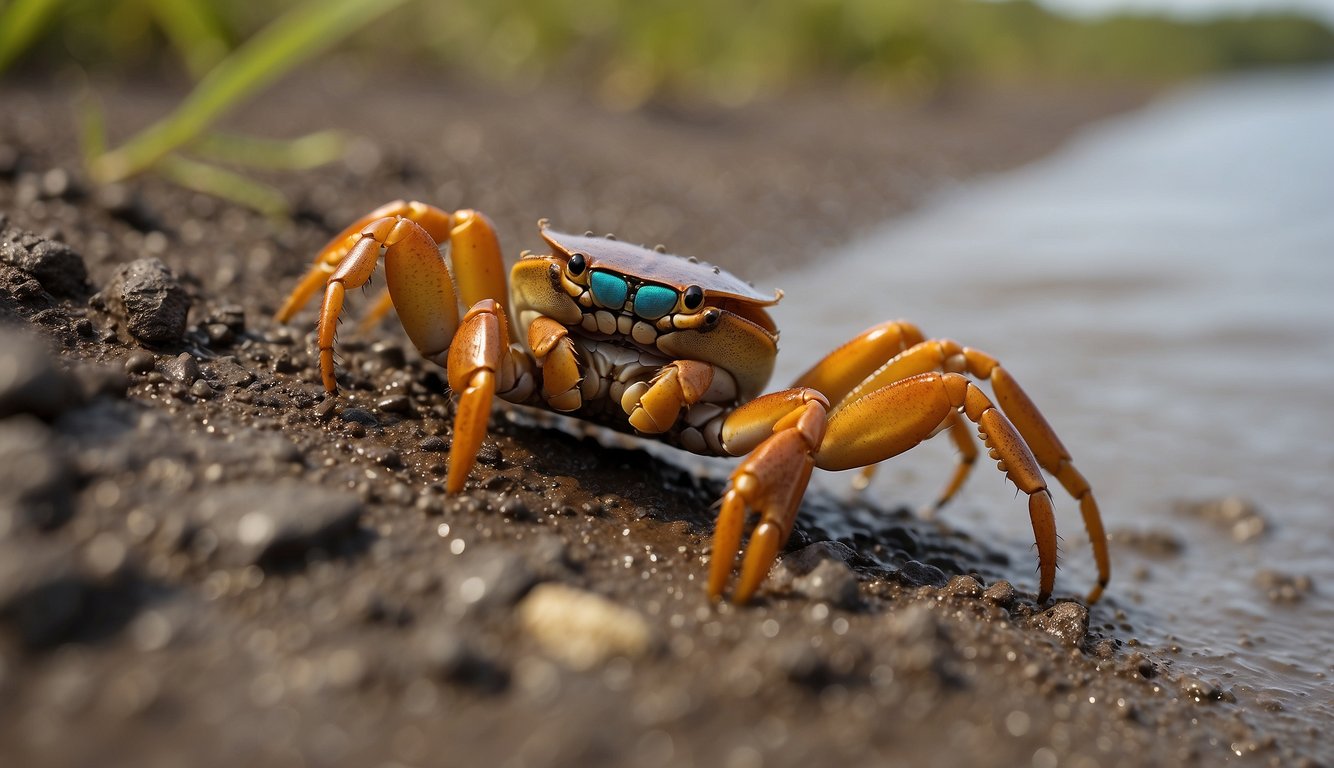 Fiddler crabs scuttle along the muddy shoreline, their vibrant colors standing out against the earthy tones.

The males' oversized claws are raised high, ready to defend their territory or attract a mate