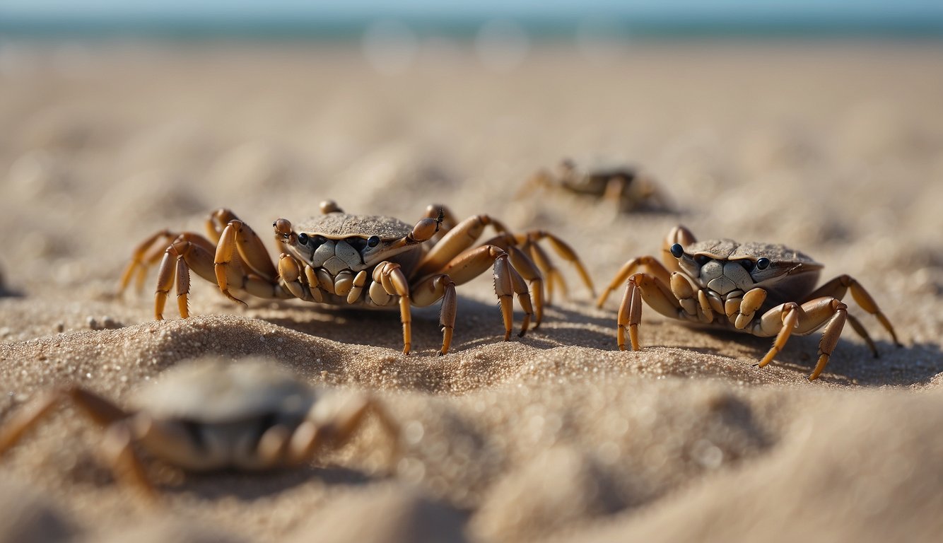 A group of fiddler crabs with large claws gathered on a sandy beach, some burrowing into the sand while others wave their claws in the air