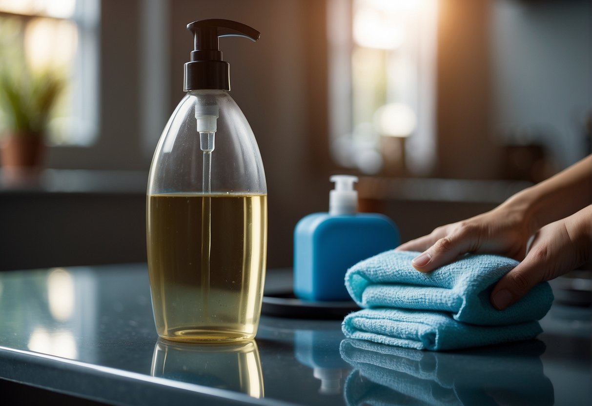 A hand holding a cleaning cloth and a bottle of cleaning solution, wiping the surface of a hair straightener
