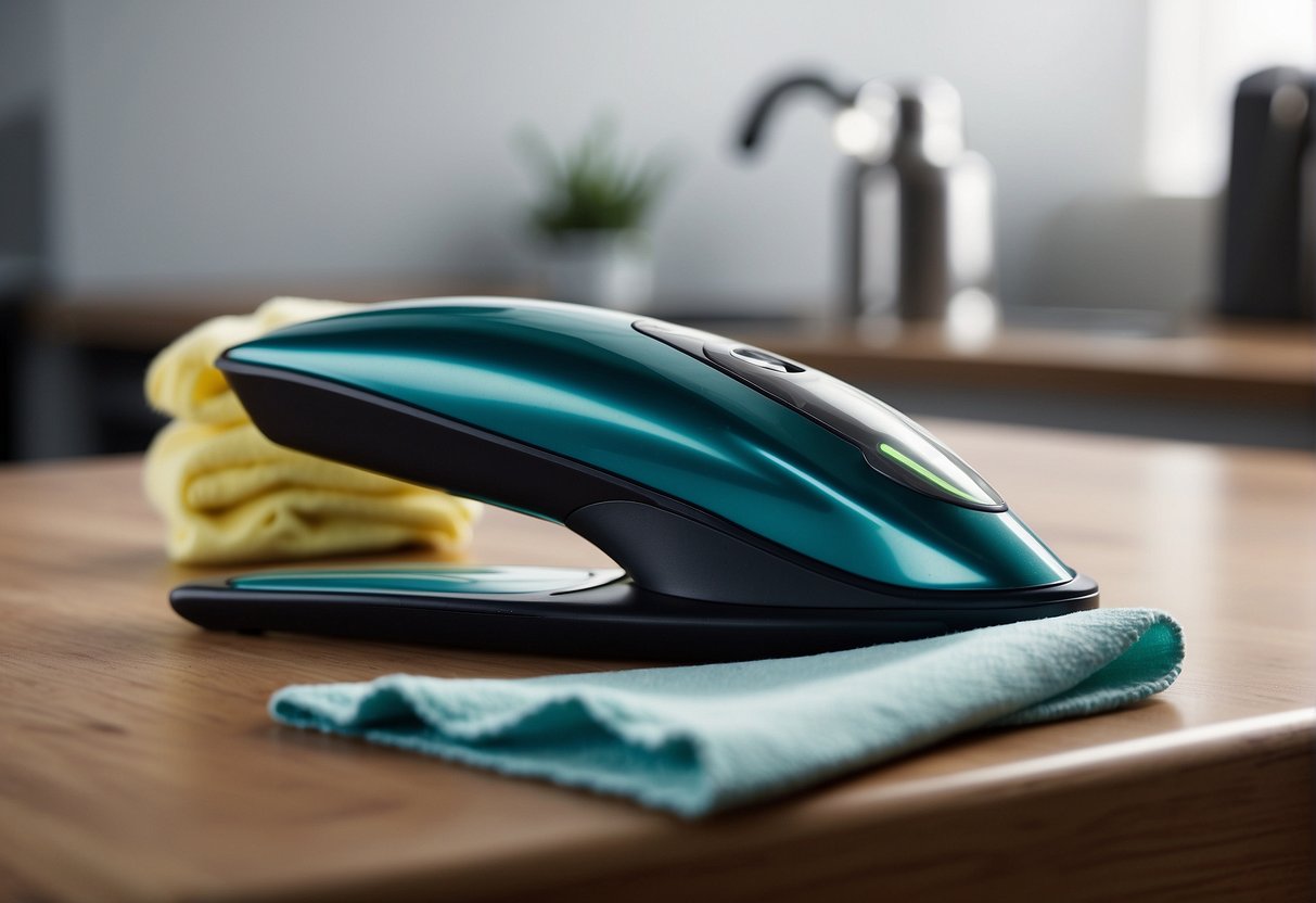 A bottle of specialized hair iron cleaner and a soft cloth on a clean, flat surface
