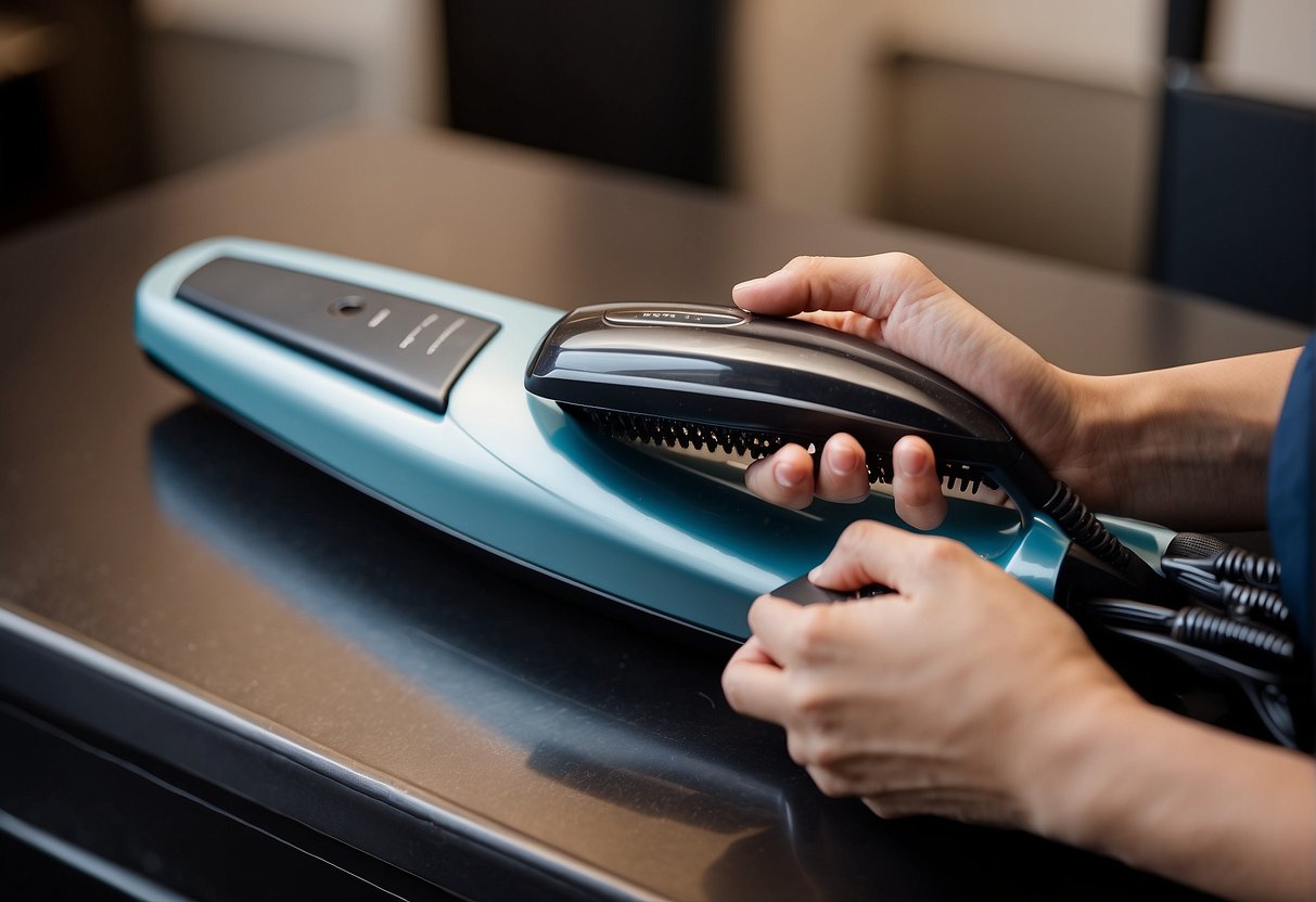 A hand holding a dirty hair straightener. A cloth and cleaning solution nearby. Hair product residue visible on the plates