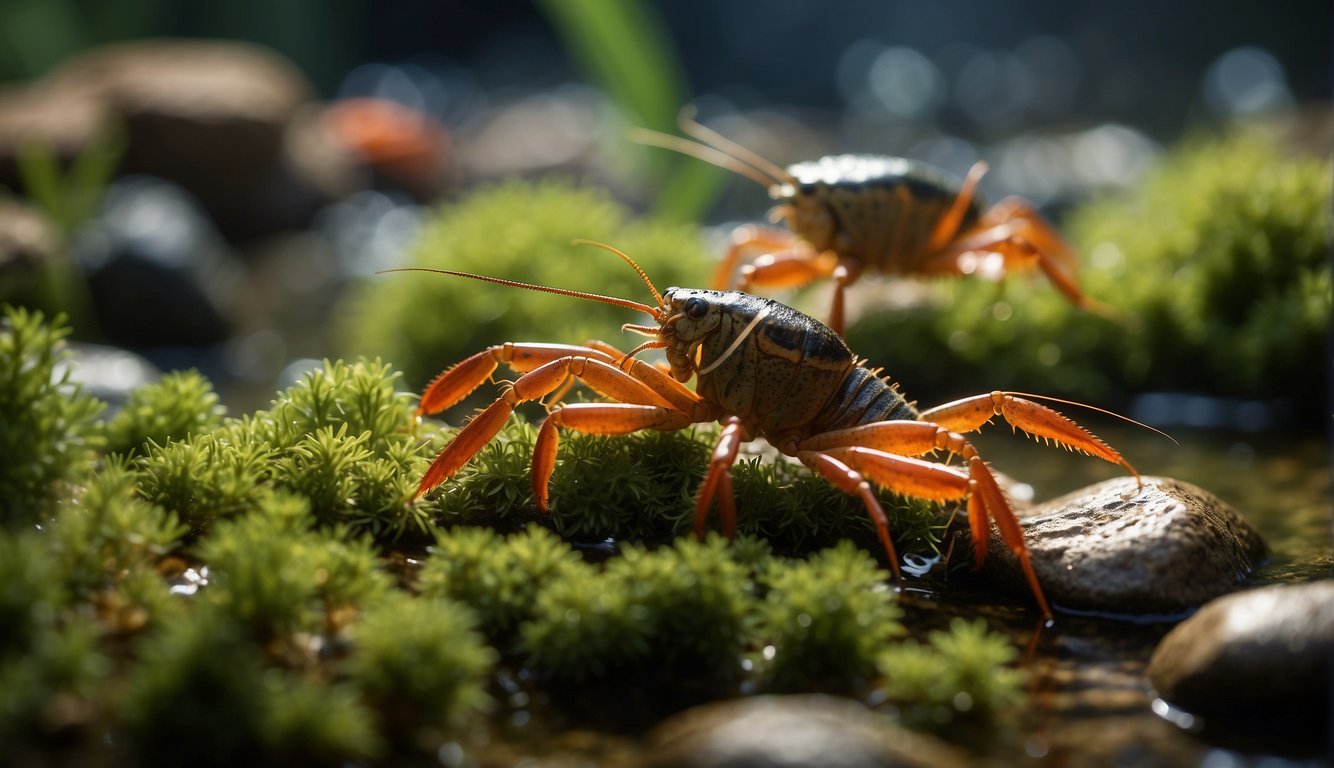 A group of crayfish scuttling along the rocky bottom of a clear freshwater stream, surrounded by aquatic plants and small fish