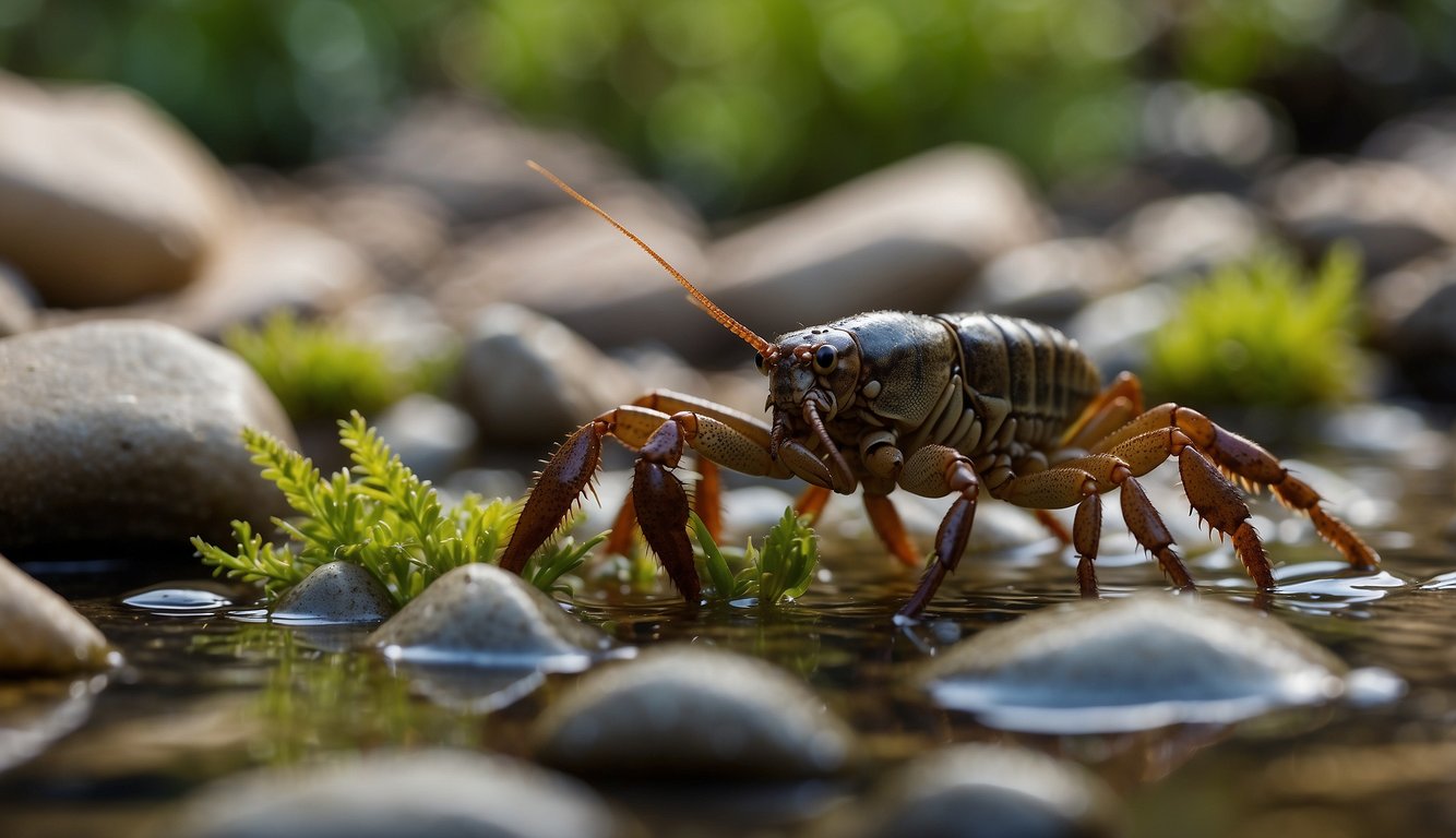 A crayfish is crawling on the sandy bottom of a freshwater stream, surrounded by rocks and aquatic plants.

Its exoskeleton is a dark brown color with hints of green, and its large pincers are raised in a defensive posture