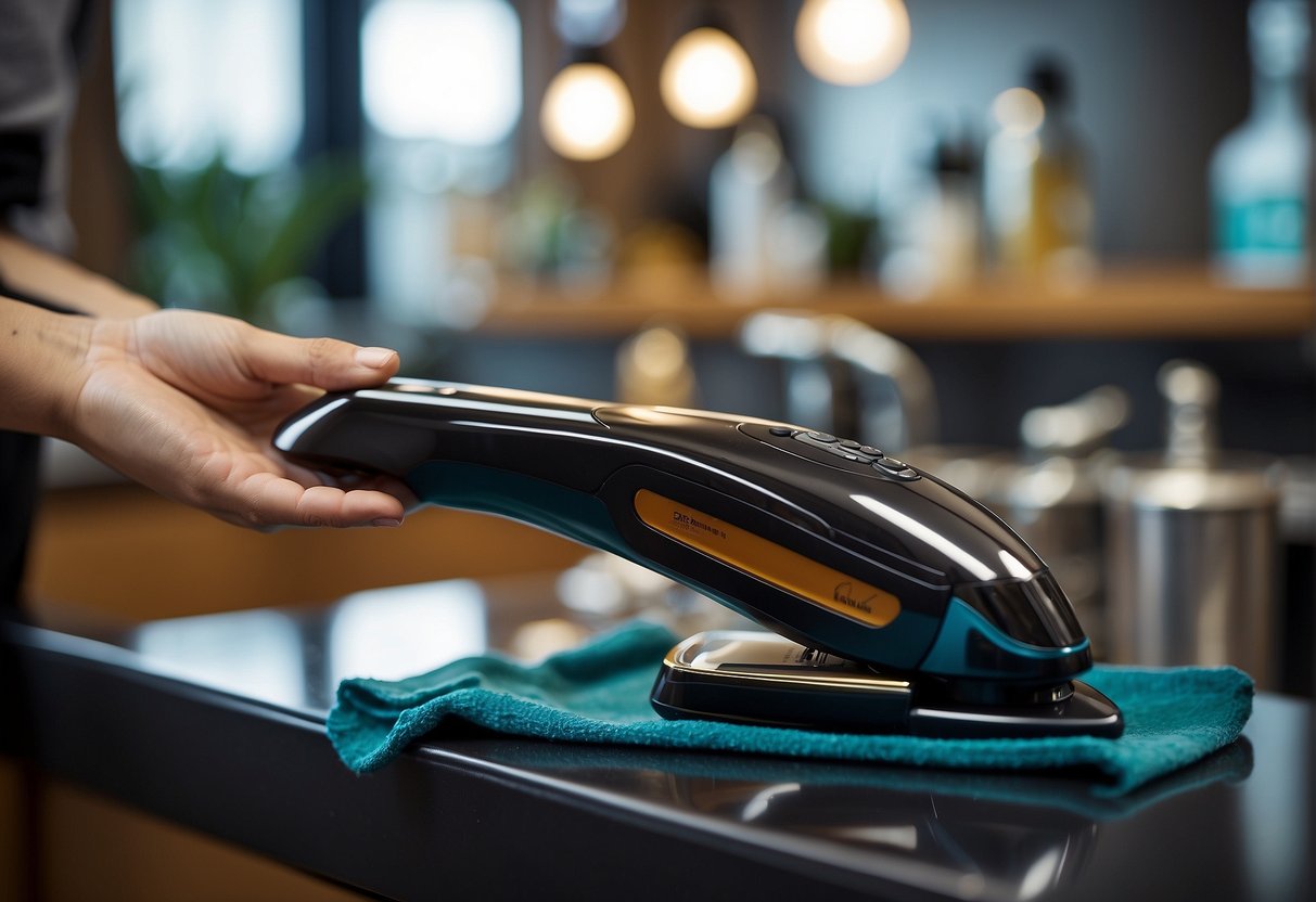 A hair straightener being cleaned with a cloth and cleaning solution