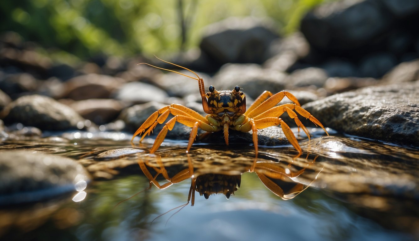 A crayfish scuttles along the rocky bottom of a freshwater stream, searching for small insects, plants, and decaying matter to eat