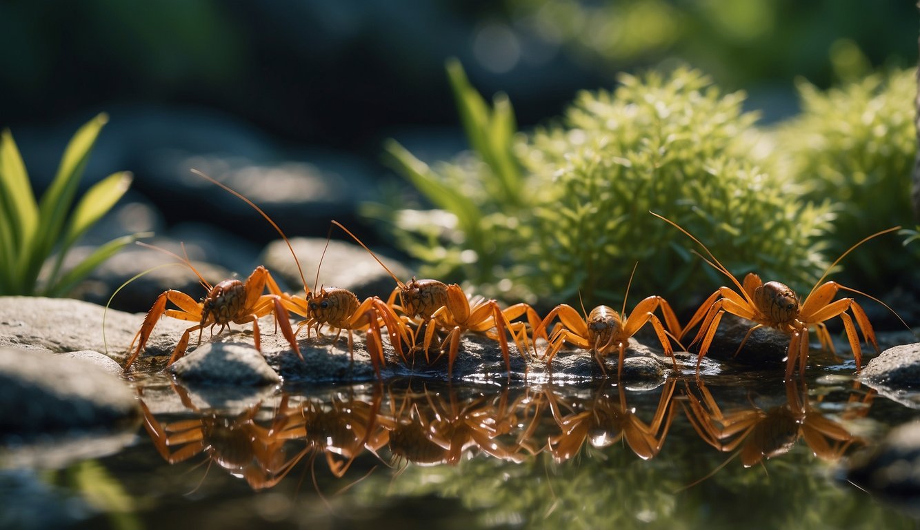 A group of crayfish scuttling along the bottom of a clear freshwater stream, surrounded by rocks and aquatic plants.

Their small lobster-like bodies and delicate movements illustrate their importance in the freshwater ecosystem