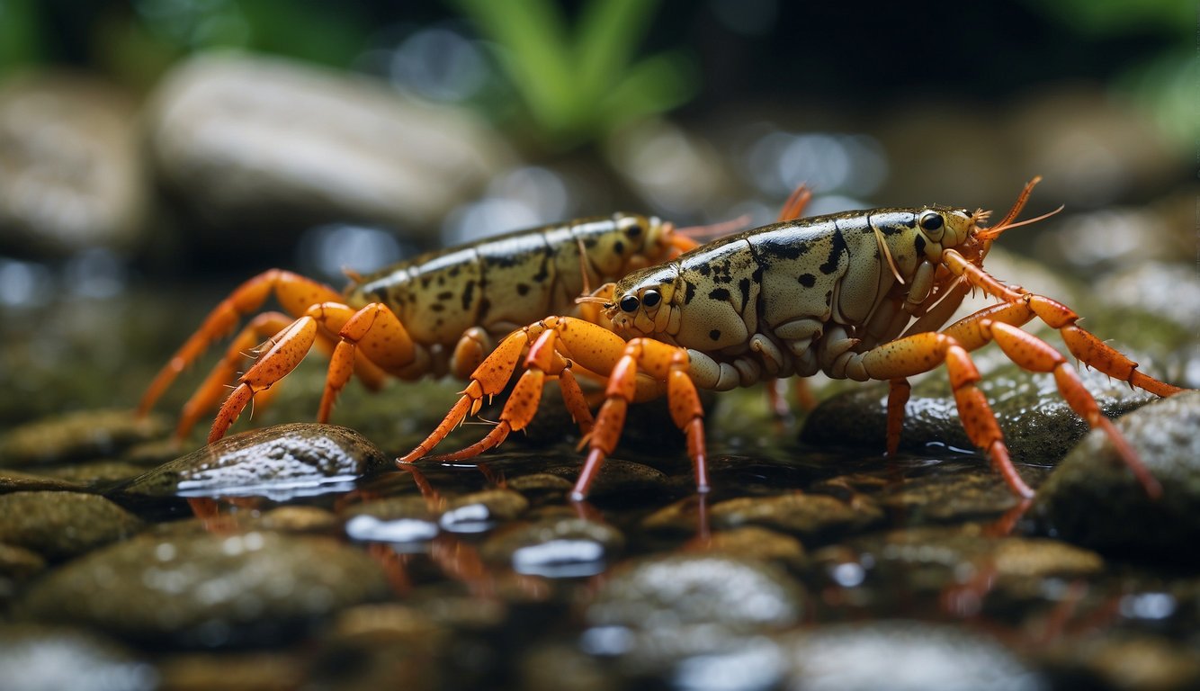 A group of crayfish crawl along the bottom of a freshwater stream, their small, lobster-like bodies moving gracefully among the rocks and plants