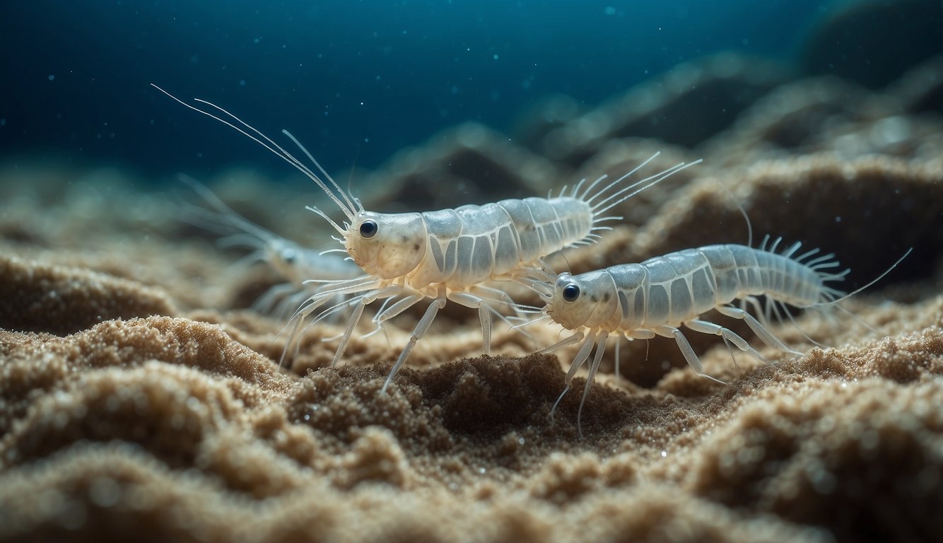 A group of ghost shrimps scurry across the ocean floor, their translucent bodies blending seamlessly into the sandy substrate as they dig and burrow, leaving intricate patterns in their wake