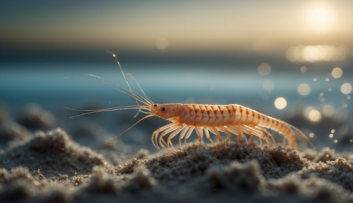 A group of ghost shrimps scurry across the ocean floor, their translucent bodies blending seamlessly with the sandy substrate.

They move with purpose, their tiny legs kicking up clouds of sediment as they dig and burrow into their hidden world
