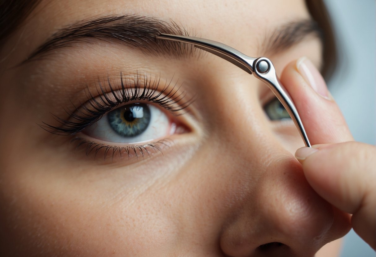 A pair of tweezers carefully plucking out individual eyelashes