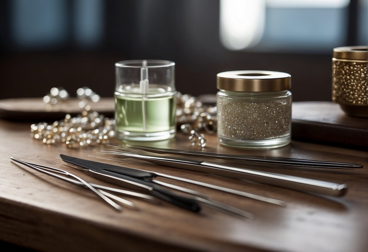 A table with tweezers, adhesive, and individual eyelash extensions arranged neatly