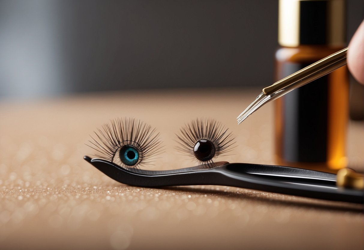 A pair of tweezers delicately plucking out individual eyelashes, with a bottle of lash adhesive and a clean surface to work on