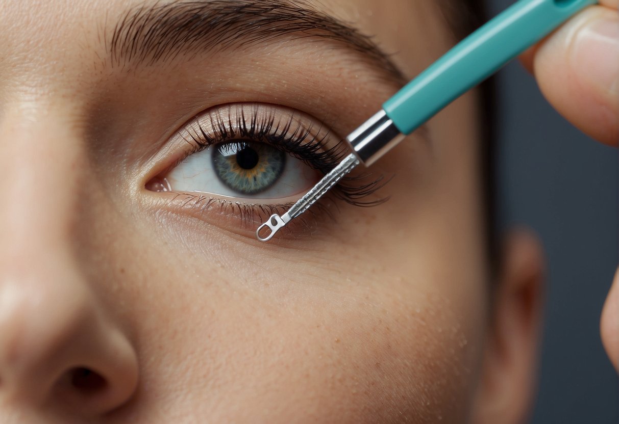 A hand holding tweezers next to a row of eyelashes