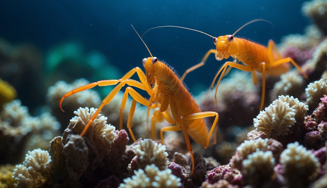 A vibrant coral reef teeming with mantis shrimps in various colors, their powerful claws poised for action amidst the swirling marine life