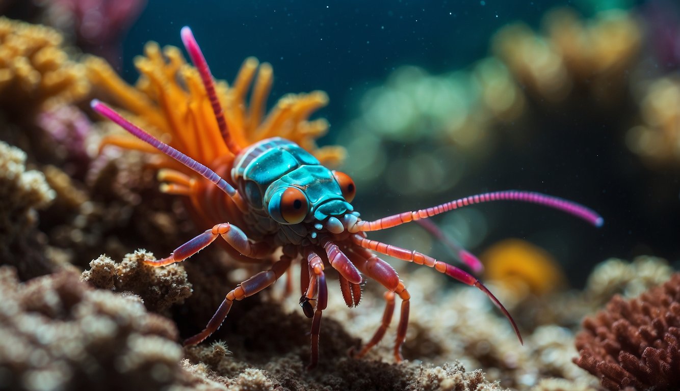 A mantis shrimp strikes a vibrant coral with incredible force