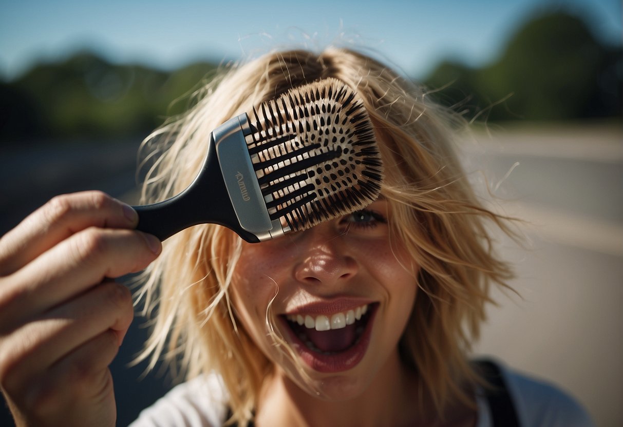 A hairbrush carefully removing gum from tangled hair