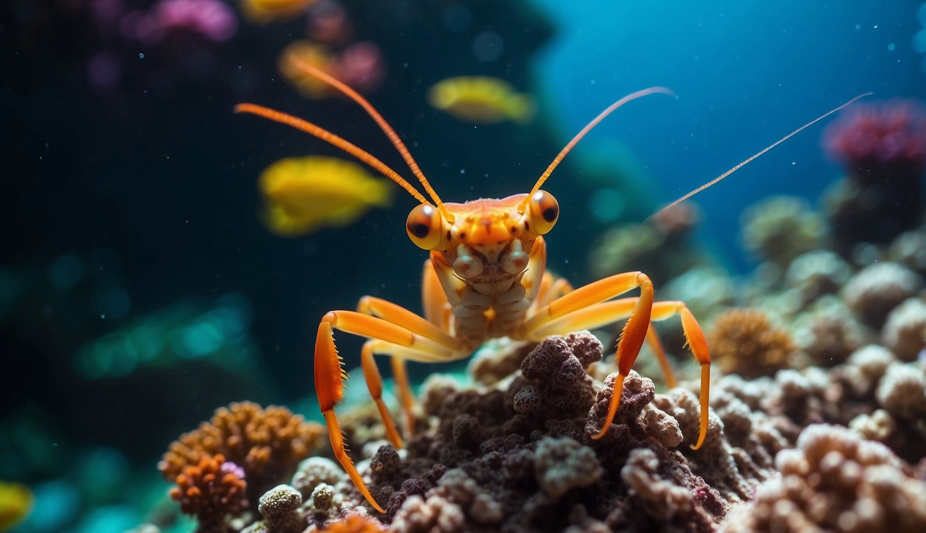 A vibrant coral reef teeming with life.

Mantis shrimps scuttle among the colorful corals, their iridescent bodies shimmering in the sunlight, showcasing the beauty and diversity of the underwater world