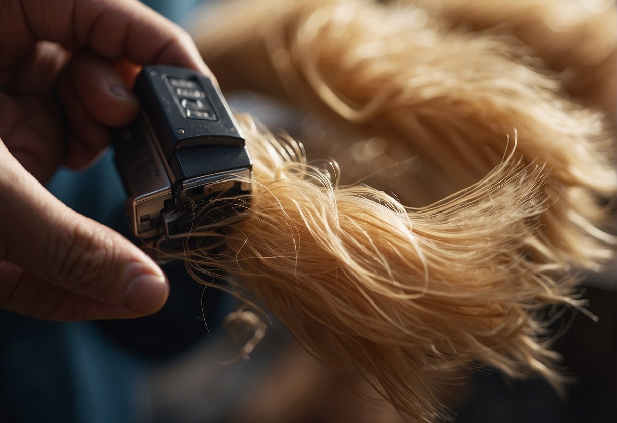 A hair covered in gum, with a person's hand trying to remove it