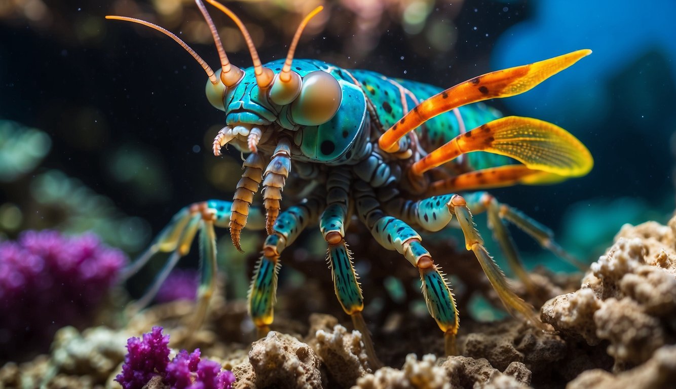 A colorful mantis shrimp emerges from a vibrant coral reef, its iridescent exoskeleton shimmering in the sunlight as it surveys its surroundings with its large, bulging eyes