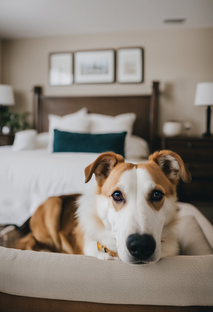 A dog happily explores a cozy hotel room in Waco, with a plush pet bed, food and water bowls, and a welcoming atmosphere