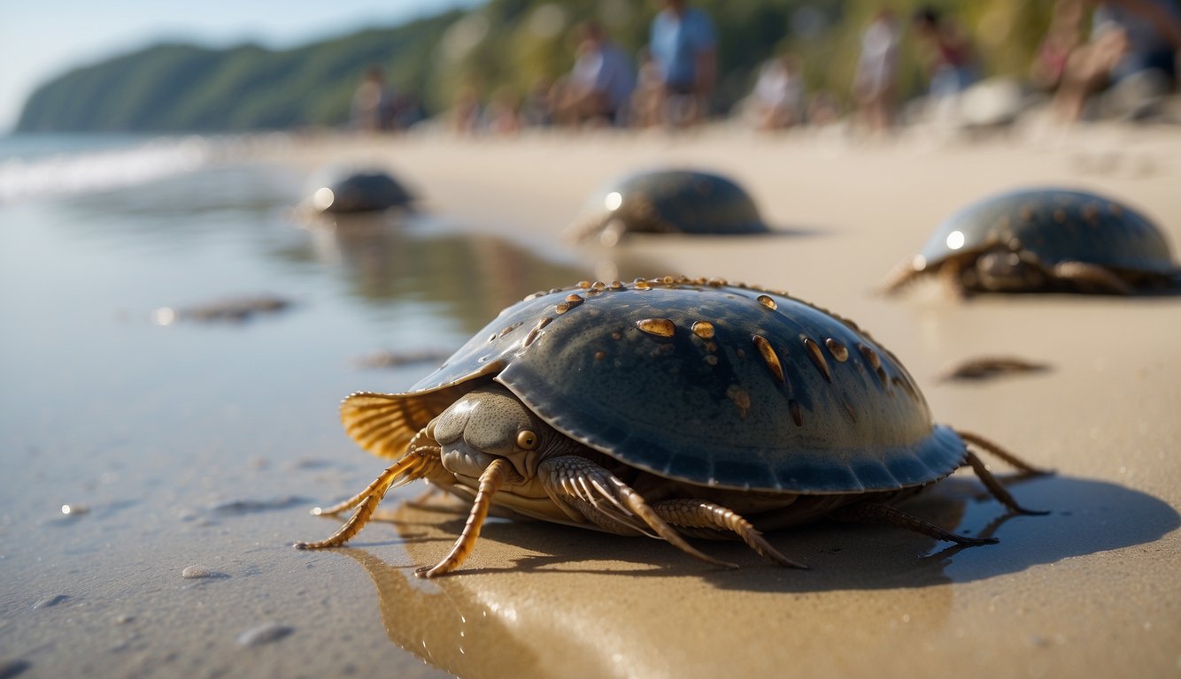 Horseshoe crabs crawl along a sandy beach at low tide, their hard, helmet-shaped shells glistening in the sunlight.

The shallow water reflects their ancient, prehistoric appearance as they move gracefully across the shore