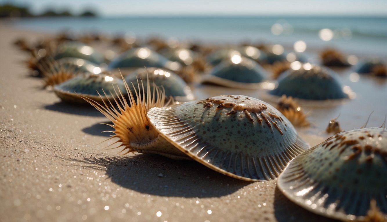 Horseshoe crabs scuttle along the sandy shoreline, their hard, domed shells glistening in the sunlight.

They gather in clusters, their long tails trailing behind them as they navigate the shallow waters, an ancient species thriving in their coastal