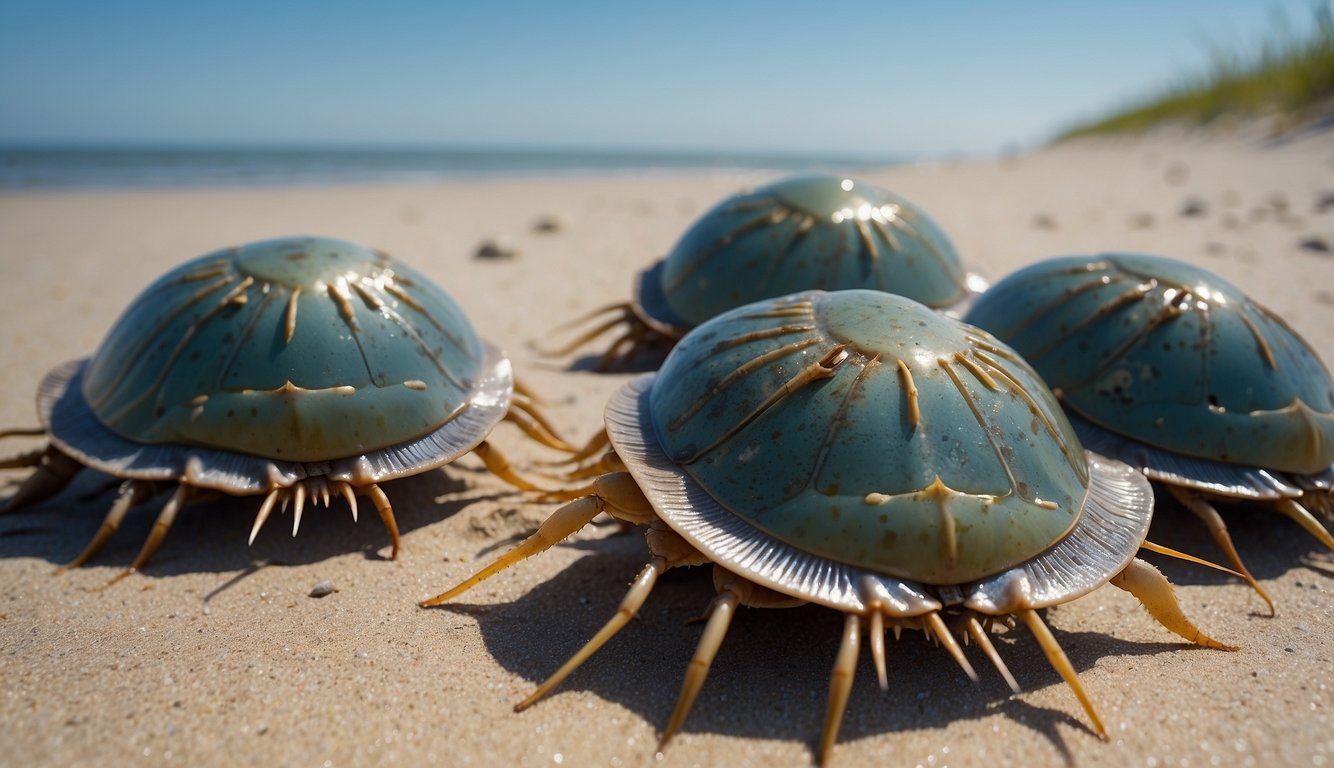 Horseshoe crabs gather on the sandy shore, their ancient armor glistening in the sunlight.

Biologists carefully tag and release them back into the water, where their blue blood plays a crucial role in medical research