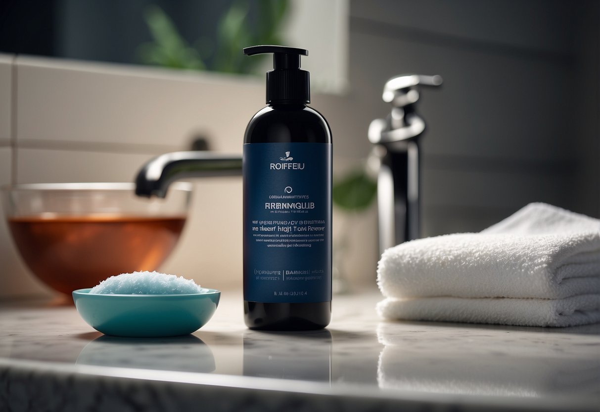 A bottle of hair dye remover sits next to a cotton pad and a small bowl of liquid. A stained towel is draped over the edge of the sink