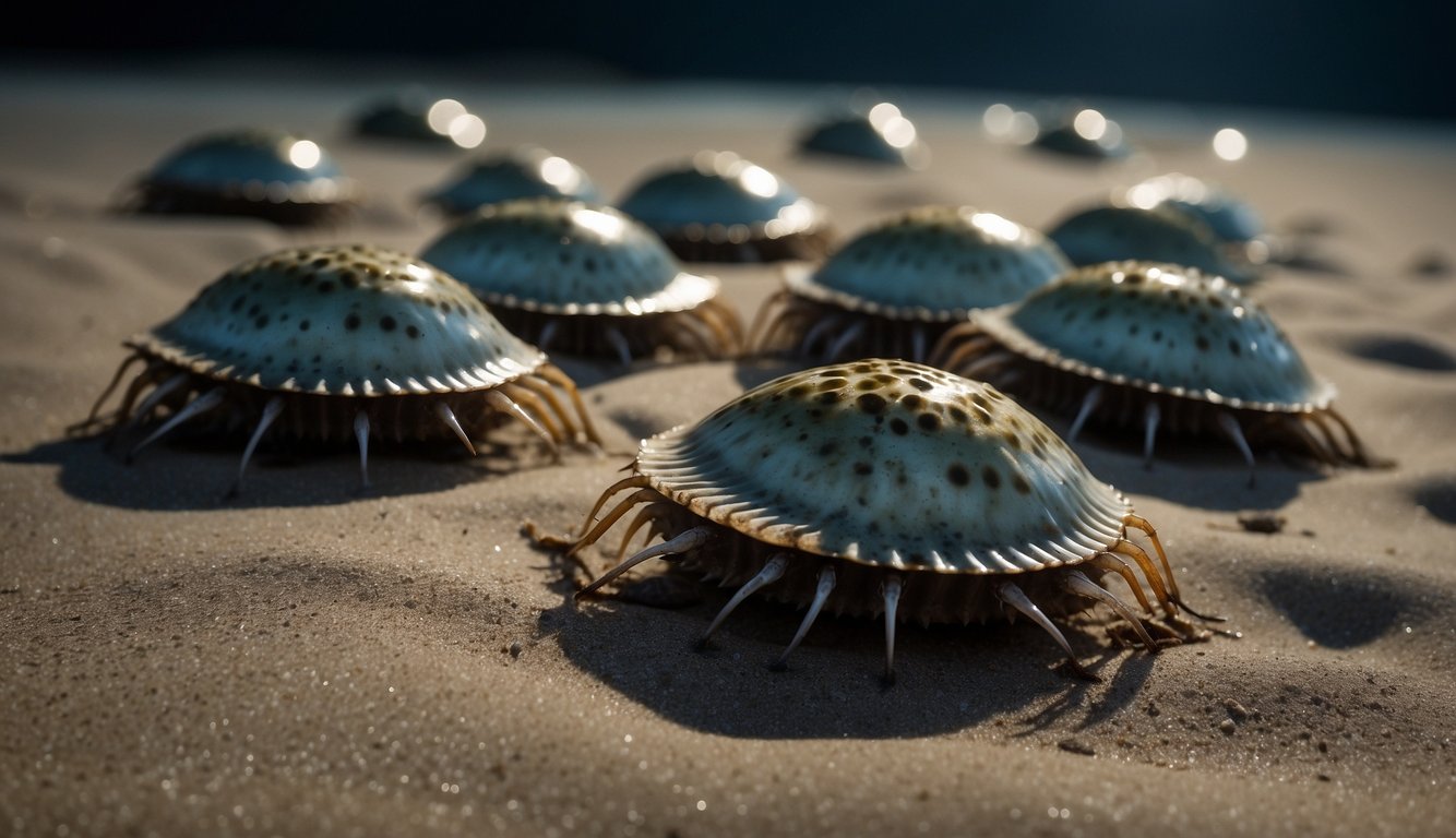 A group of horseshoe crabs gather on the sandy shore under the moonlight, their ancient exoskeletons gleaming in the dark as they move gracefully through the shallow water