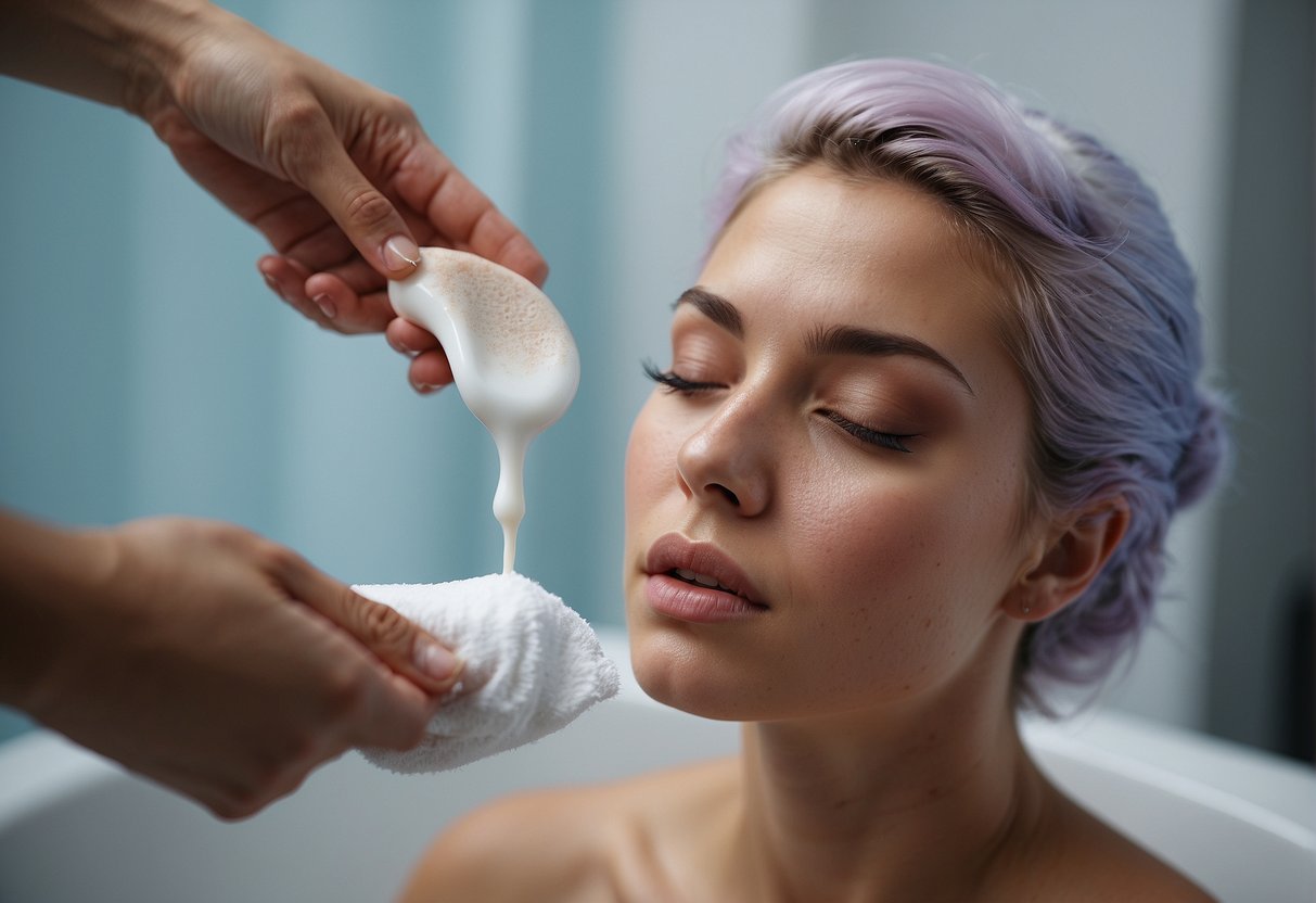 A person applying a gentle cleanser to remove hair dye from their skin