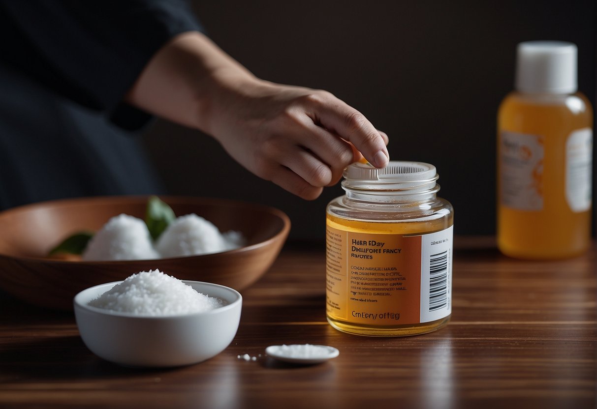 A bottle of hair dye remover sits next to a cotton pad and a small bowl of liquid, while a person's hand reaches out to use it