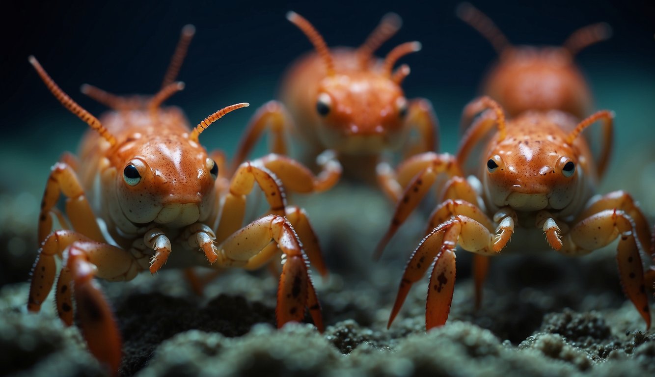 A group of squishy squat lobsters scuttle along the ocean floor, their small bodies moving in a synchronized dance