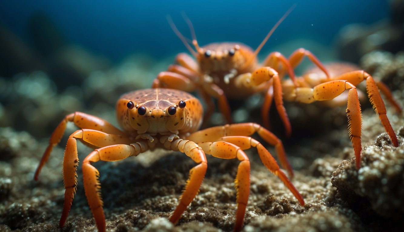 A group of squat lobsters with soft, rounded bodies and short, stubby legs scuttling along the ocean floor, their wide and flat carapaces giving them a squishy appearance