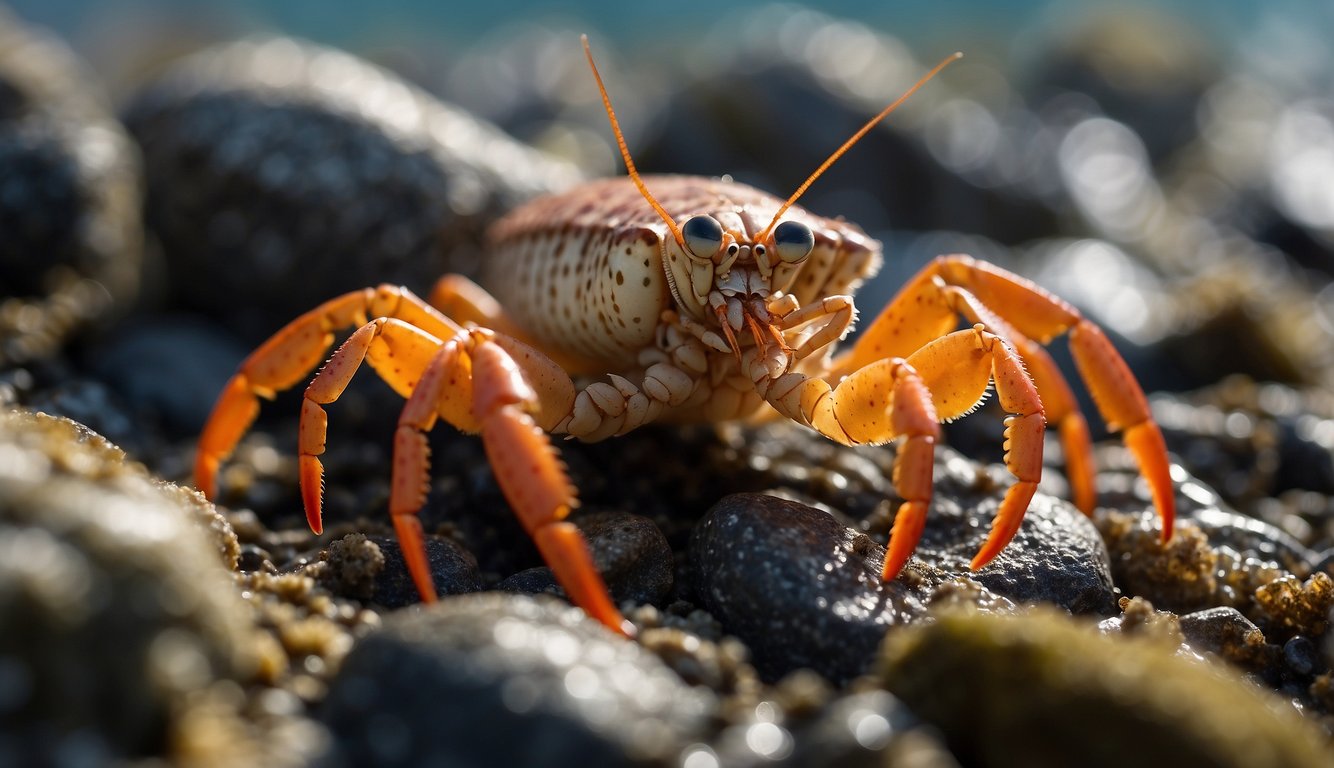 Squat lobsters scuttle across rocky seafloor, feeding on detritus and small organisms.

They use their long, spindly legs to move and their small pincers to grab food