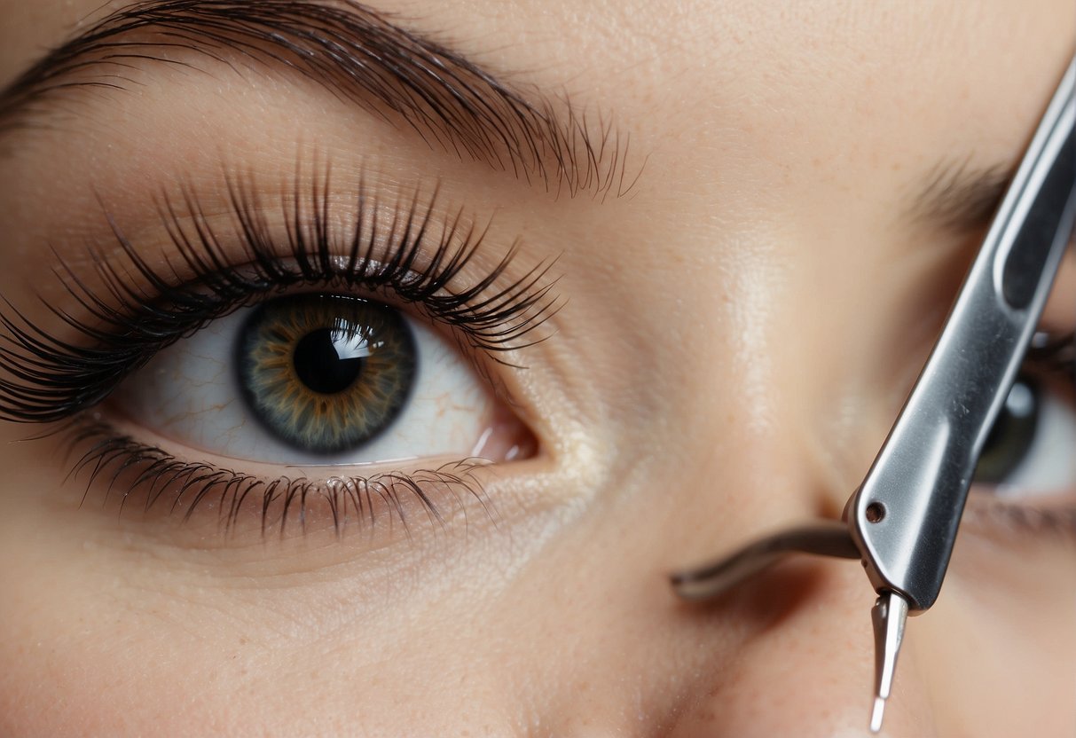 A pair of tweezers gently removes individual false eyelashes