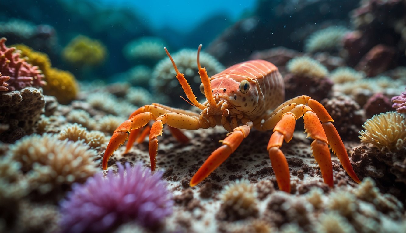 A group of squishy squat lobsters crawl among colorful coral, their small bodies blending in with the vibrant underwater landscape