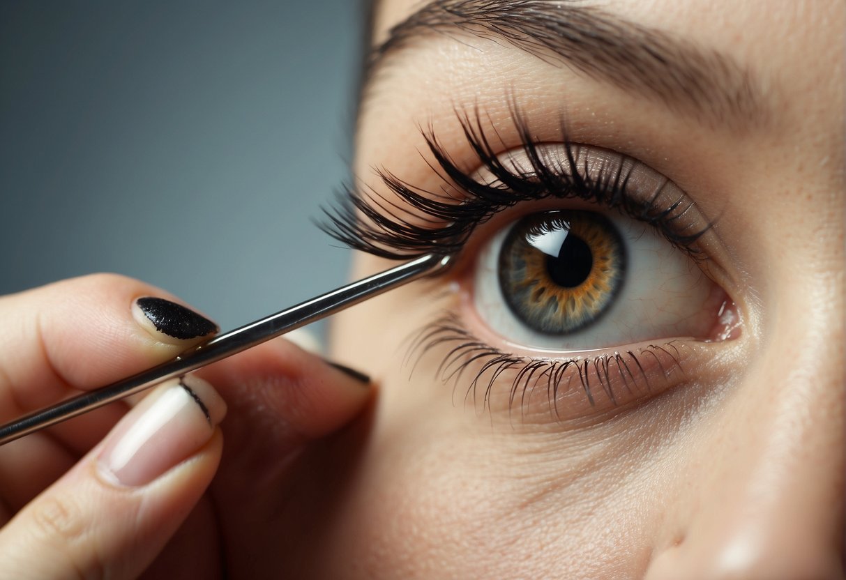A pair of tweezers carefully removes individual false eyelashes