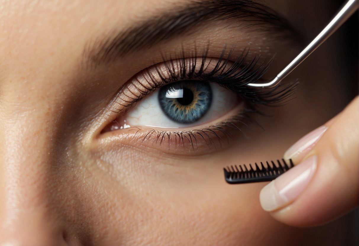 A pair of tweezers delicately grip a single false eyelash, pulling it away from the natural lash line. The adhesive releases easily, leaving the natural lashes undamaged