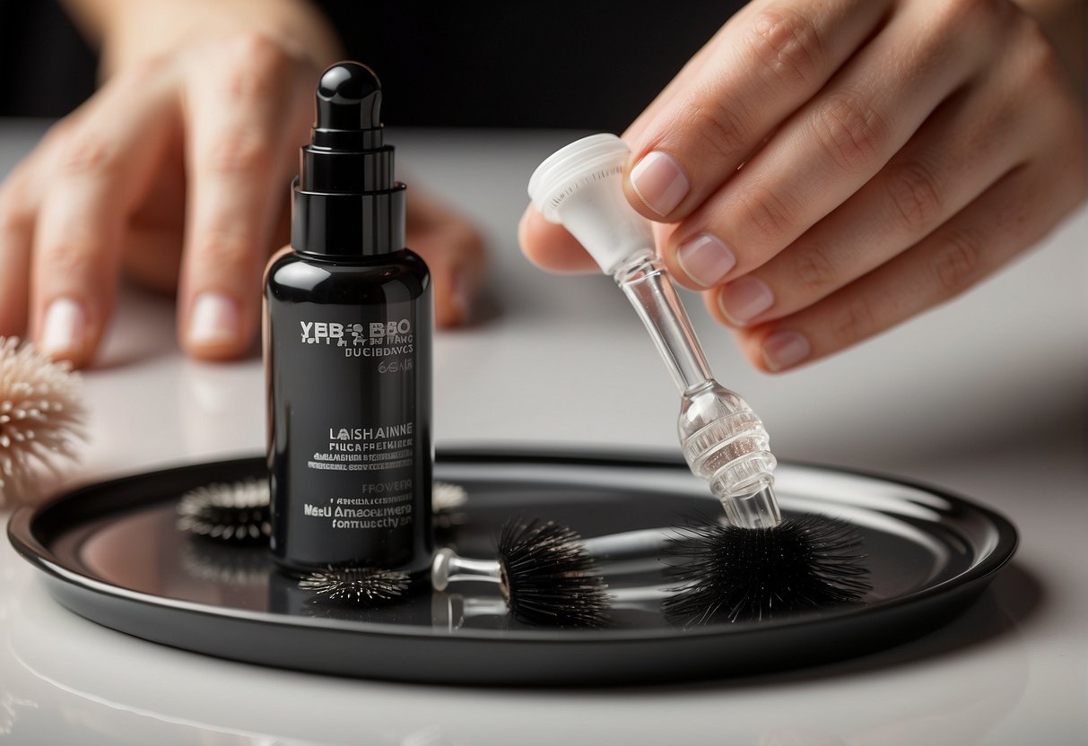 A hand reaching for a bottle of lash adhesive remover, with a tray of individual false eyelashes in the background