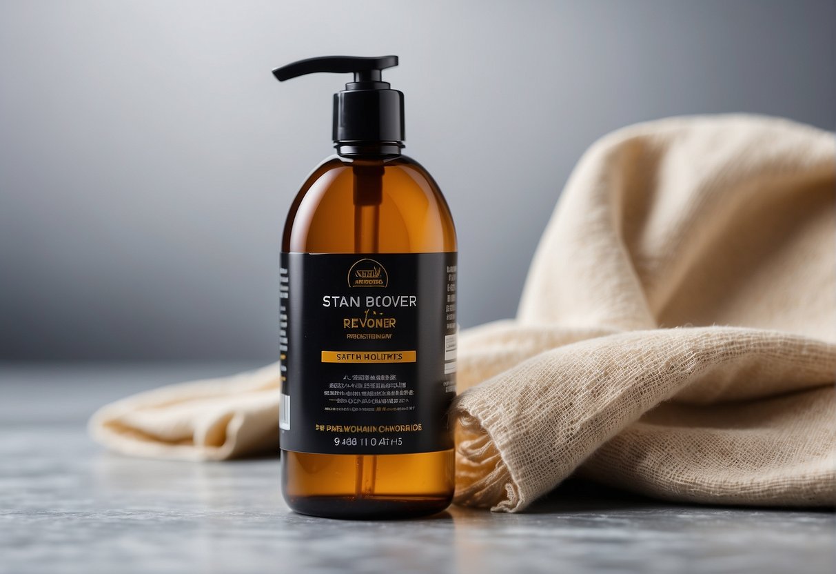 A bottle of stain remover sits next to a stained patch of skin, with a cloth nearby for wiping