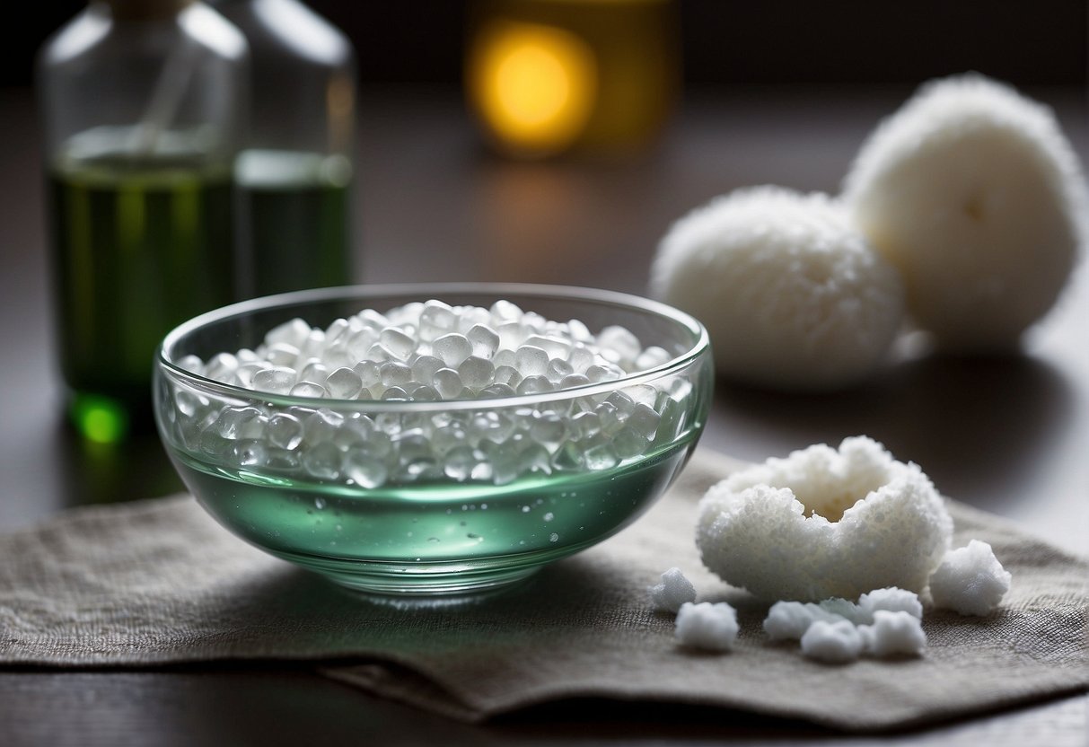 A small bowl filled with soapy water and a soft cloth, a bottle of rubbing alcohol, and a cotton pad on a clean surface