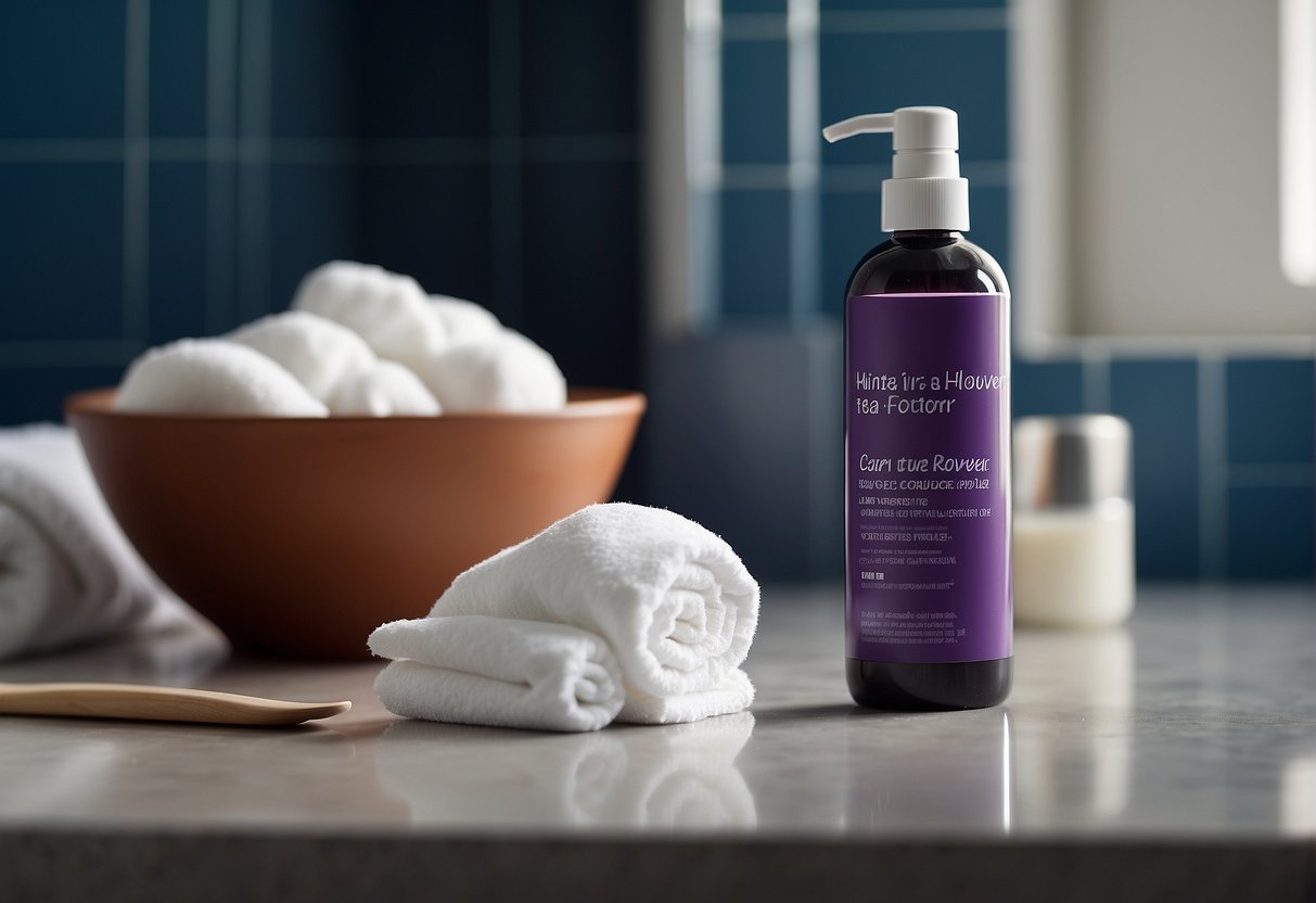A bottle of hair dye remover sits next to a cotton pad on a bathroom counter, with a stained towel in the background