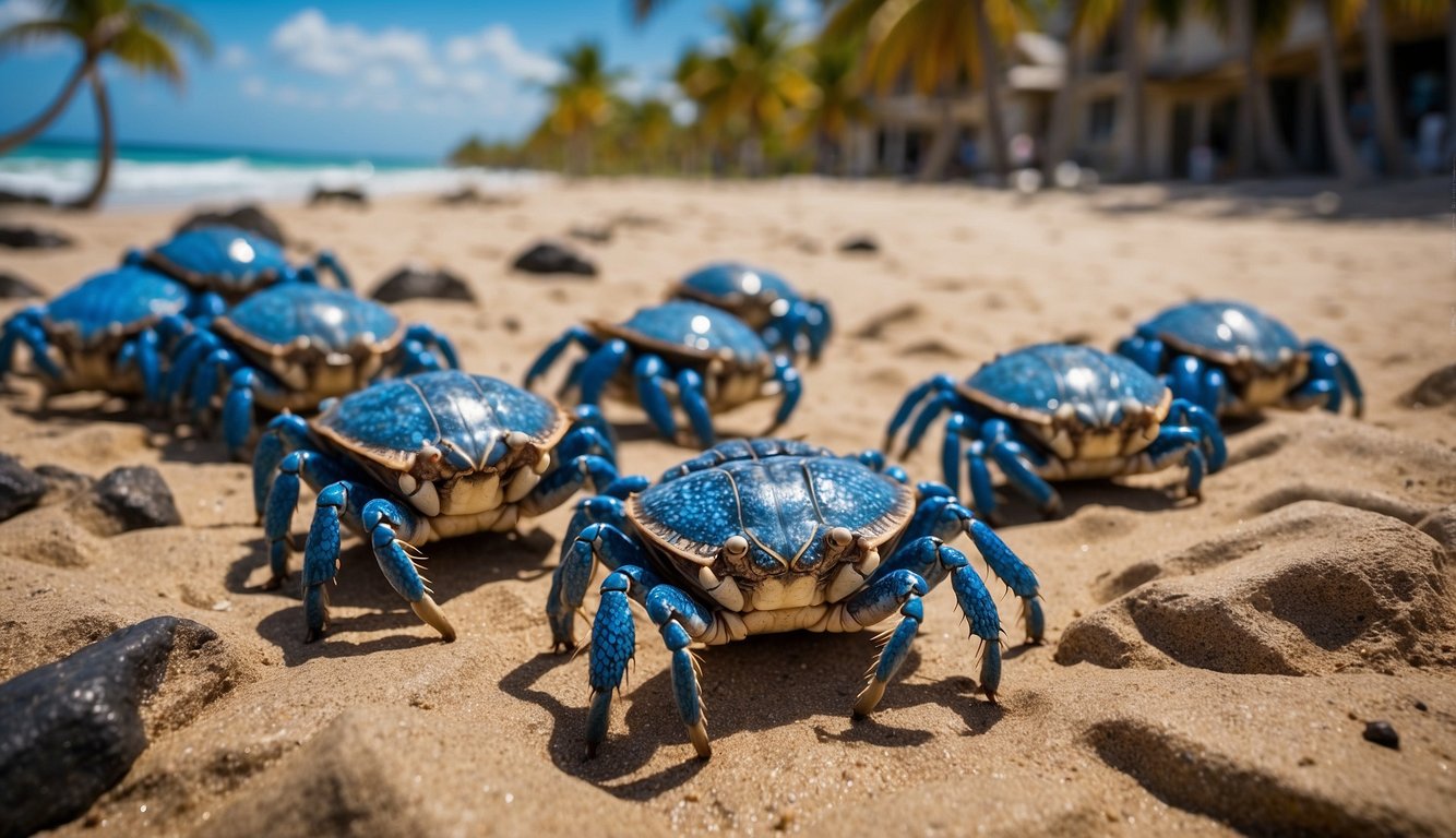 A group of massive coconut crabs roam the sandy beach, their vibrant blue shells shining in the sunlight as they scuttle among the rocks and fallen coconuts