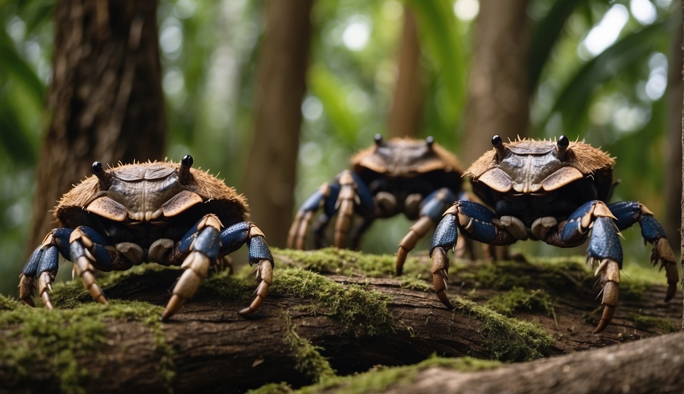 Giant coconut crabs climbing trees, scavenging for food, and interacting with each other on a remote tropical island