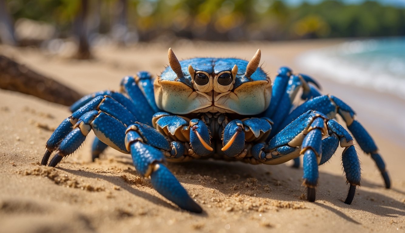 A group of coconut crabs scuttle across the sandy beach, their large, bold claws and vibrant blue bodies standing out against the tropical backdrop