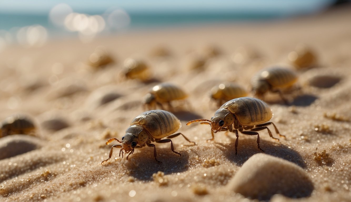 Sand fleas hop and dance on the sandy shore, their tiny bodies flickering in the sunlight like miniature jesters entertaining the beach