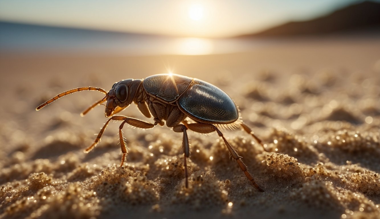 Sand fleas leap from the sandy shore, their tiny bodies propelled by powerful legs.

The sun glistens off their iridescent exoskeletons as they dart between grains of sand