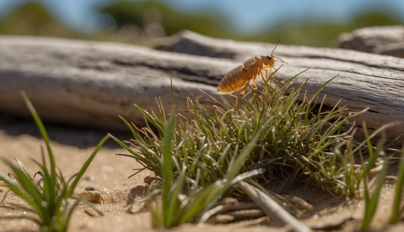 Sand fleas scatter across the sandy shore, leaping and darting among the beach grass and driftwood.

They are small, agile, and blend in with their surroundings, making them difficult to spot